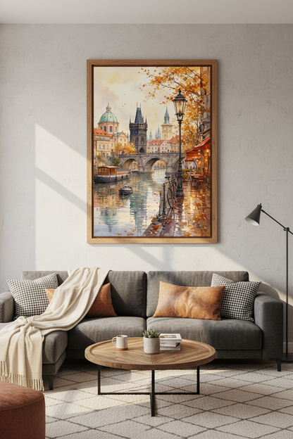 Prague Watercolor Cityscape Wall Art | Autumn Bridge Decor | European Travel Poster