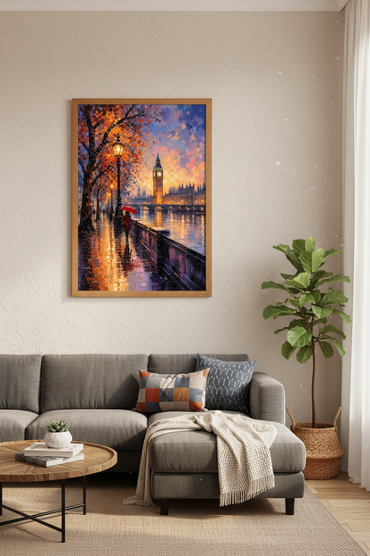 London Big Ben Wall Art | Oil Painting Style Sunset | Rainy City Poster
