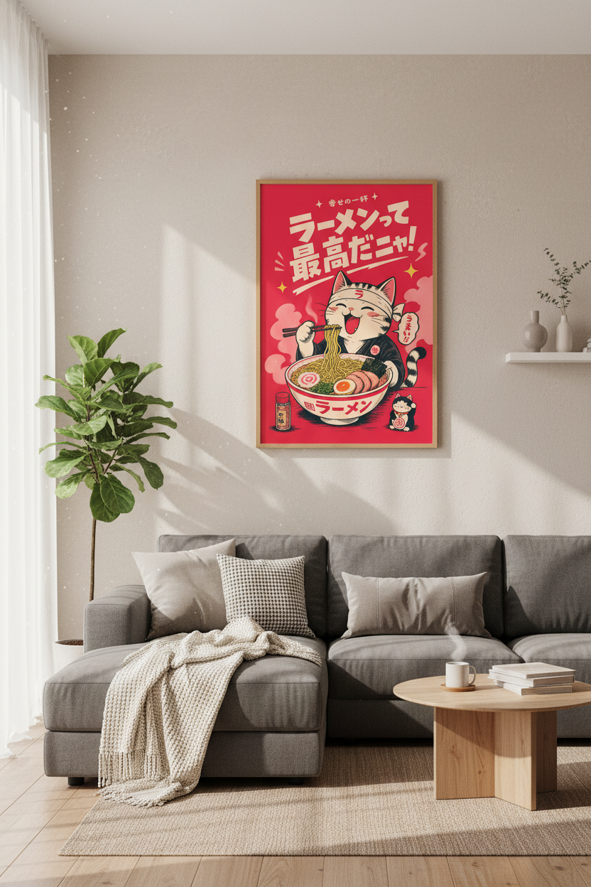 Japanese Ramen Cat Wall Art | Red Retro Anime Poster | Kitchen Decor Aesthetic