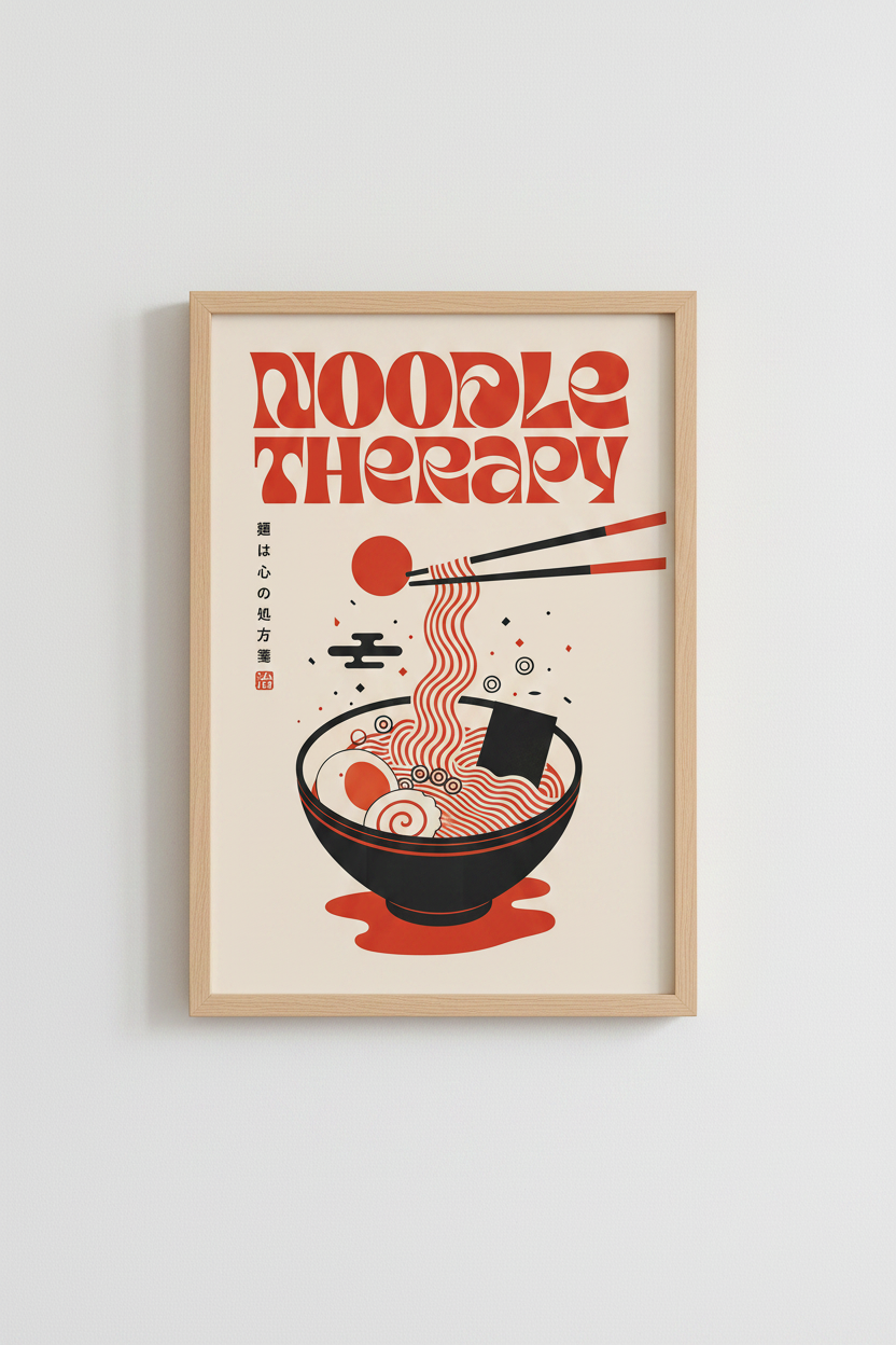 noodle wall art | retro Japanese ramen poster, red &amp; black vibe | living room decor