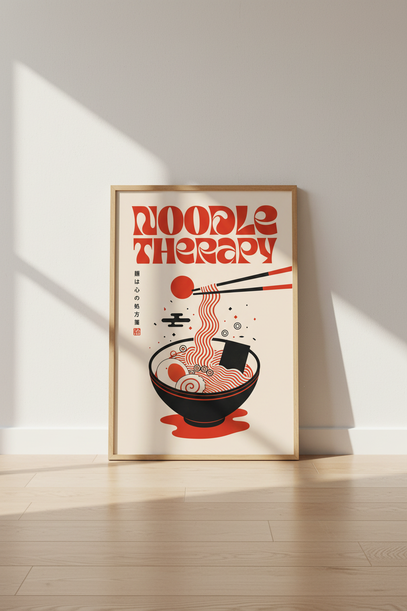 noodle wall art | retro Japanese ramen poster, red &amp; black vibe | living room decor