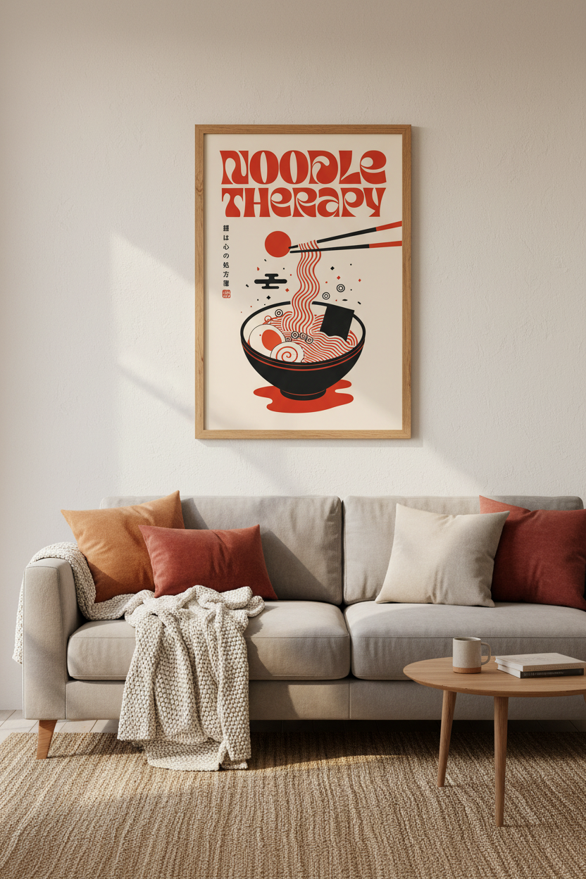 noodle wall art | retro Japanese ramen poster, red &amp; black vibe | living room decor