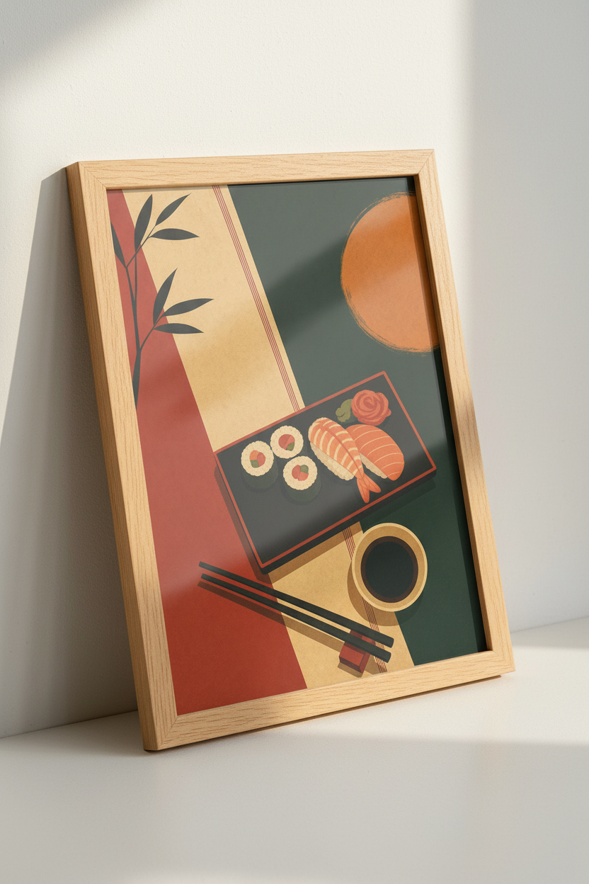 Japanese Sushi Platter Wall Art | Minimalist Foodie Poster, Kitchen Dining Decor