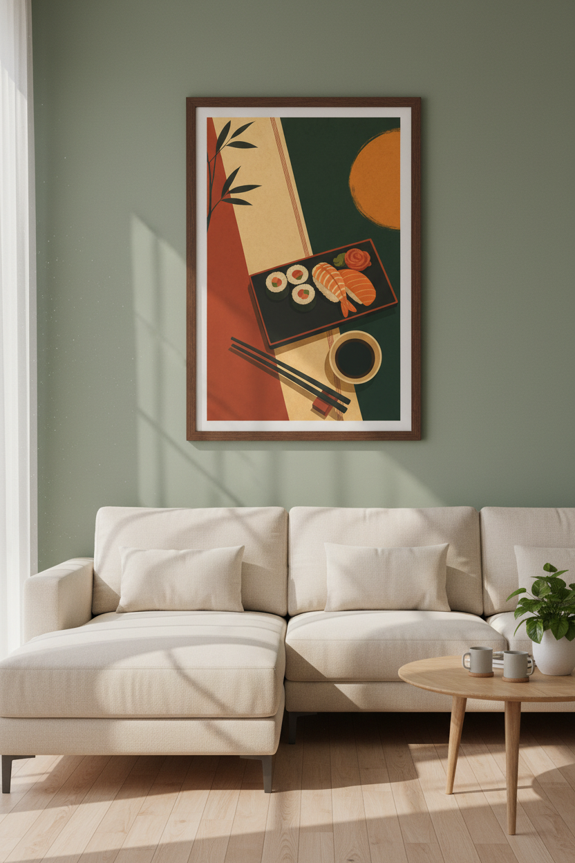 Japanese Sushi Platter Wall Art | Minimalist Foodie Poster, Kitchen Dining Decor