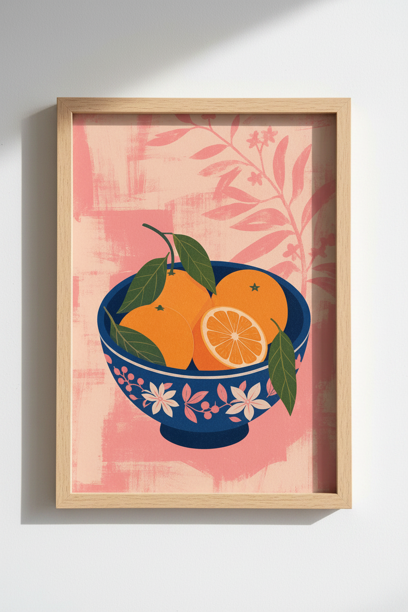 Citrus Fruit Art Print | Modern Kitchen Decor | Pink and Blue Mediterranean Poster