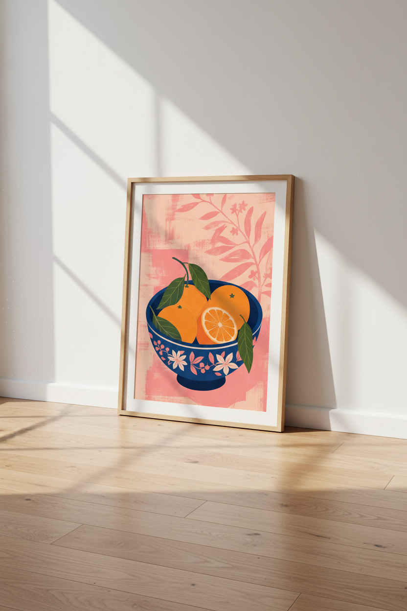 Citrus Fruit Art Print | Modern Kitchen Decor | Pink and Blue Mediterranean Poster