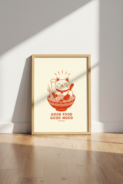 Lucky Cat Ramen Wall Art | Red Japanese Food Poster, Kitchen &amp; Dining Decor