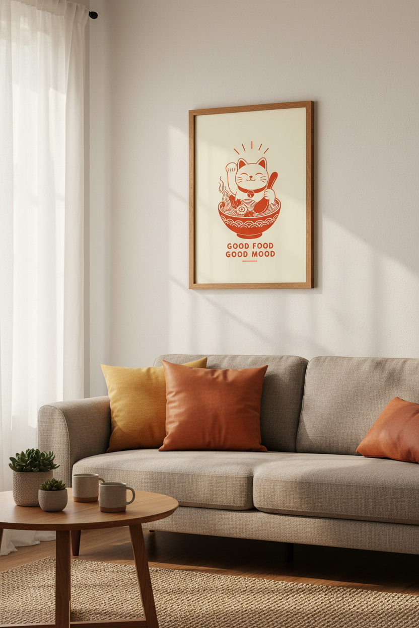 Lucky Cat Ramen Wall Art | Red Japanese Food Poster, Kitchen &amp; Dining Decor
