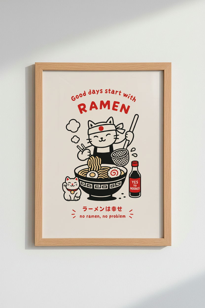 Ramen Cat Wall Art Print | Japanese Kitchen Decor | Cute Kawaii Food Poster