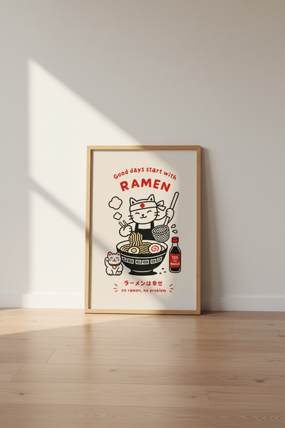 Ramen Cat Wall Art Print | Japanese Kitchen Decor | Cute Kawaii Food Poster