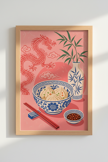 Chinese Food Wall Art Print | Pink Dragon &amp; Dumplings | Modern Kitchen Decor