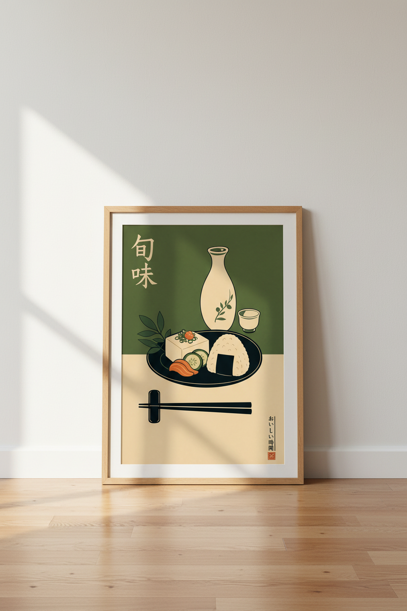Japanese Food Still Life Wall Art | Sage Green Kitchen Decor | Retro Onigiri Poster