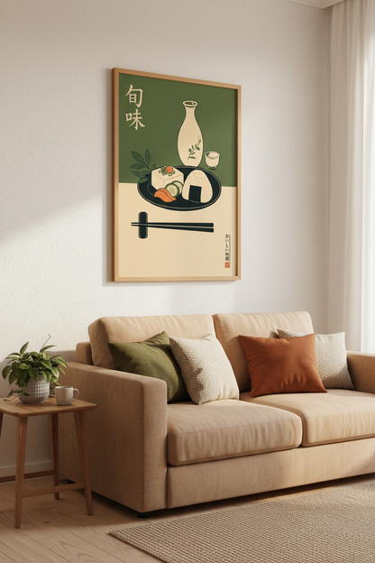 Japanese Food Still Life Wall Art | Sage Green Kitchen Decor | Retro Onigiri Poster