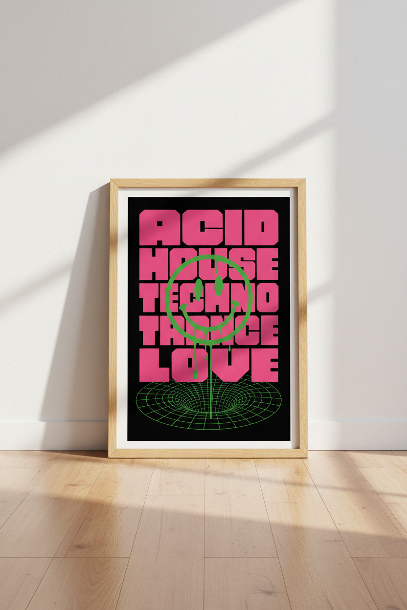Acid House Techno Rave Wall Art | Pink &amp; Green Melting Smiley | Bedroom Music Poster