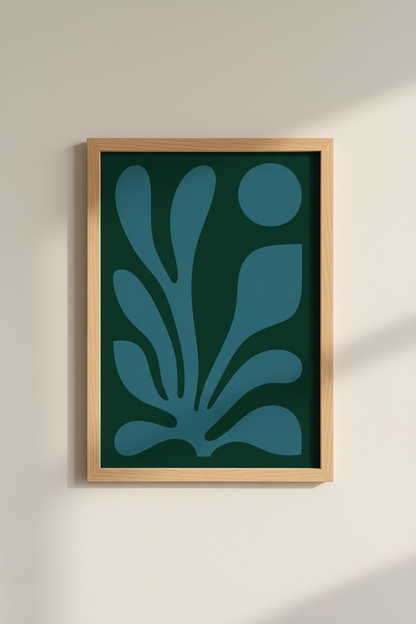 Abstract Botanical Wall Art | Teal &amp; Dark Green Leaf Print, Modern Living Room Decor