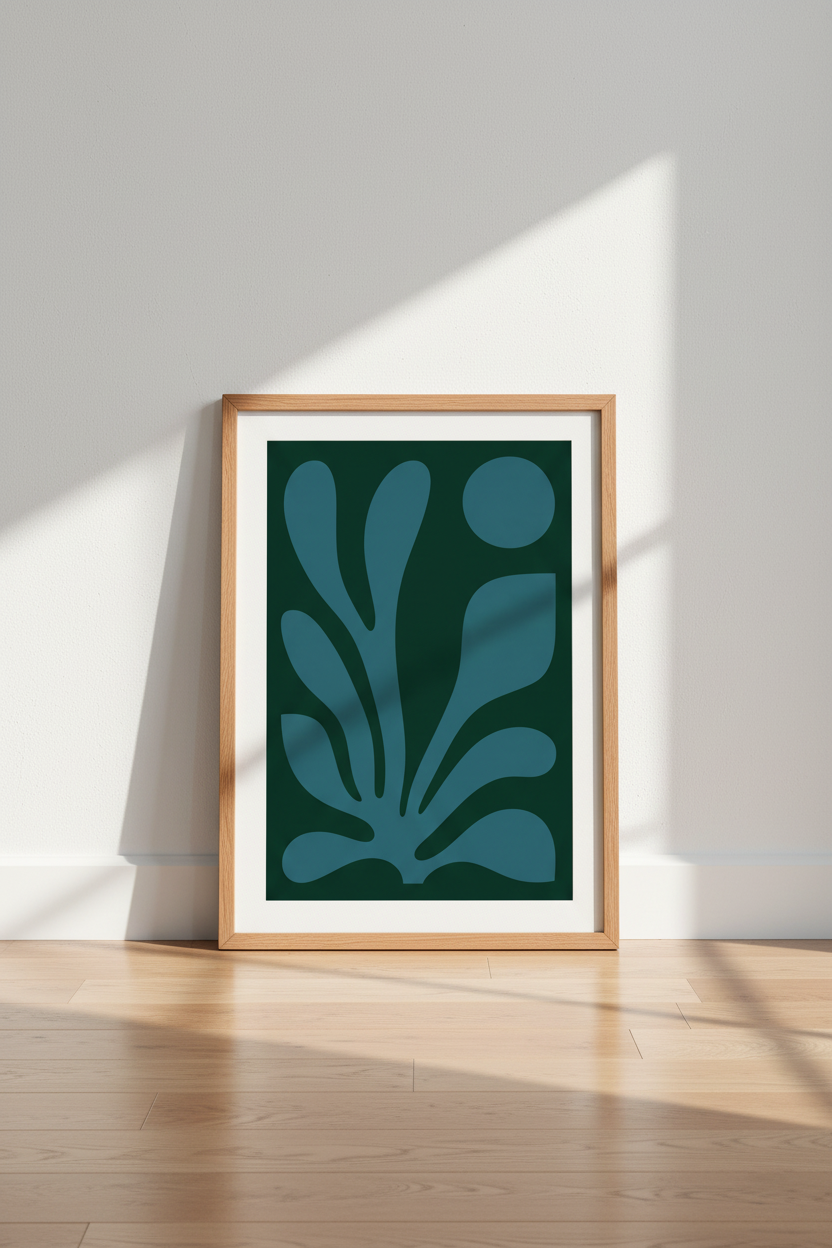 Abstract Botanical Wall Art | Teal &amp; Dark Green Leaf Print, Modern Living Room Decor