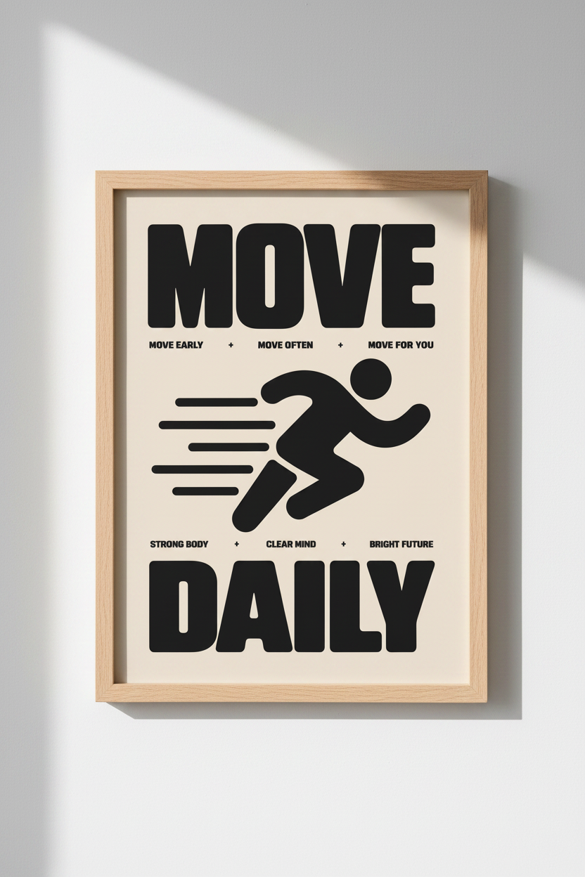 Move Daily Fitness Wall Art | Bold Minimalist Runner Poster, Home Gym Decor