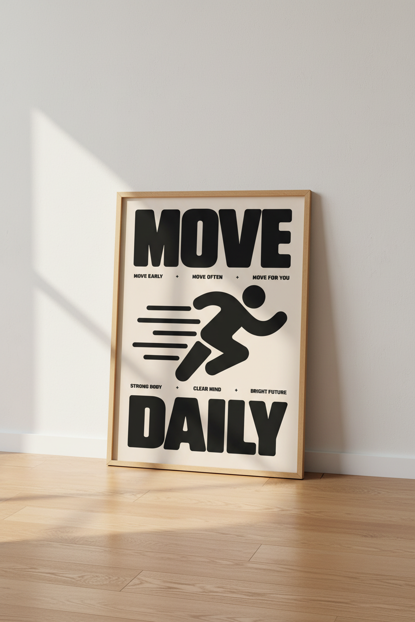 Move Daily Fitness Wall Art | Bold Minimalist Runner Poster, Home Gym Decor