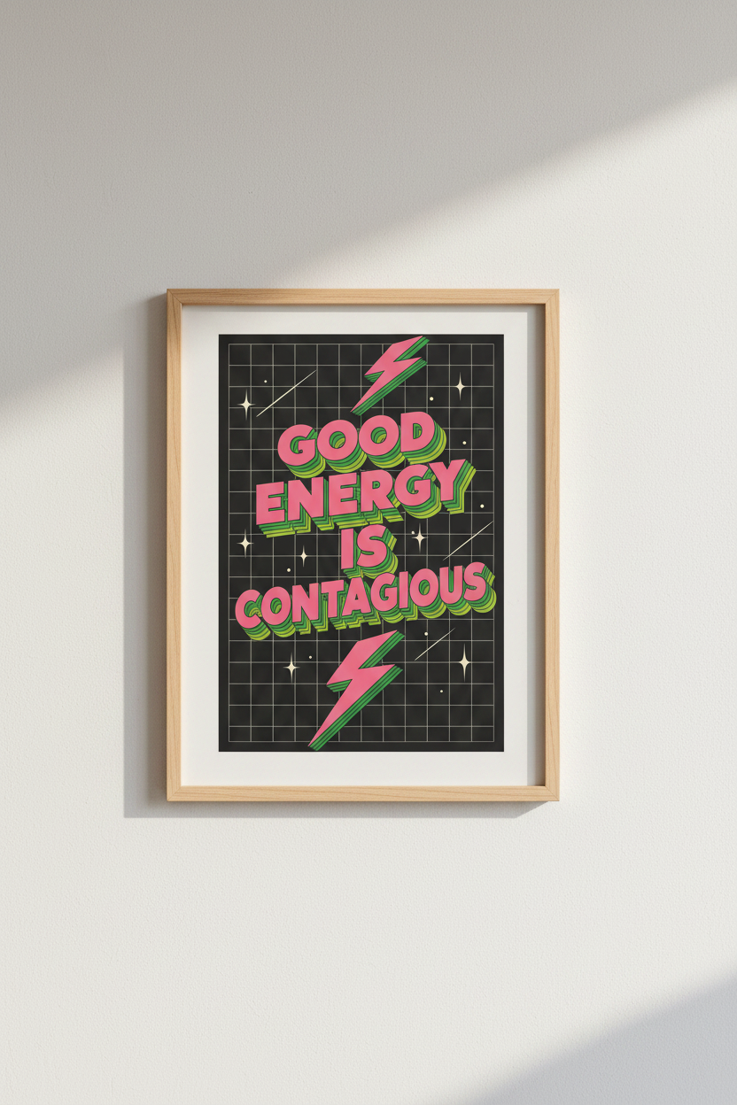 Good Energy Is Contagious Wall Art | Retro Pink Green Poster | Y2K Aesthetic Typography