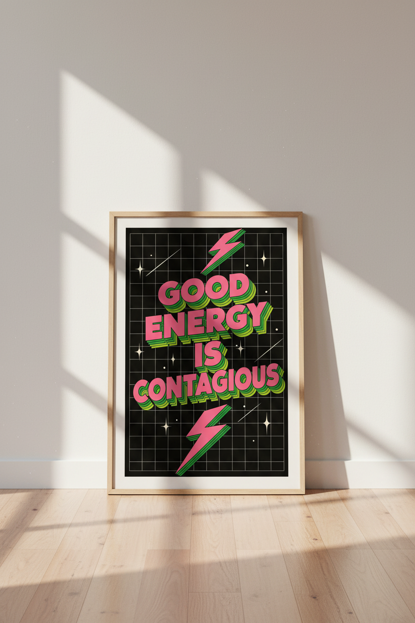 Good Energy Is Contagious Wall Art | Retro Pink Green Poster | Y2K Aesthetic Typography