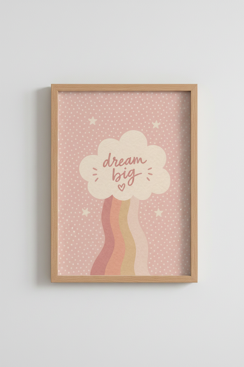 Dream Big Rainbow Cloud Wall Art | Pink Nursery Decor | Boho Kids Poster