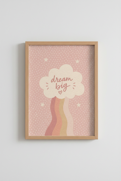 Dream Big Rainbow Cloud Wall Art | Pink Nursery Decor | Boho Kids Poster