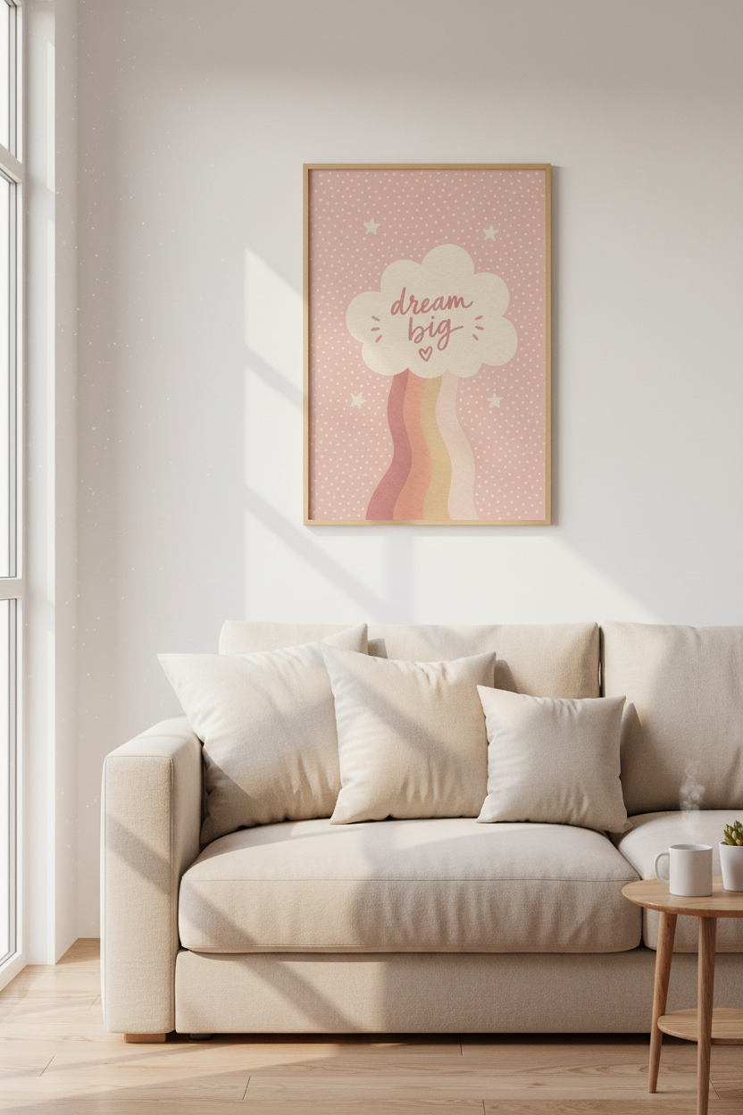 Dream Big Rainbow Cloud Wall Art | Pink Nursery Decor | Boho Kids Poster