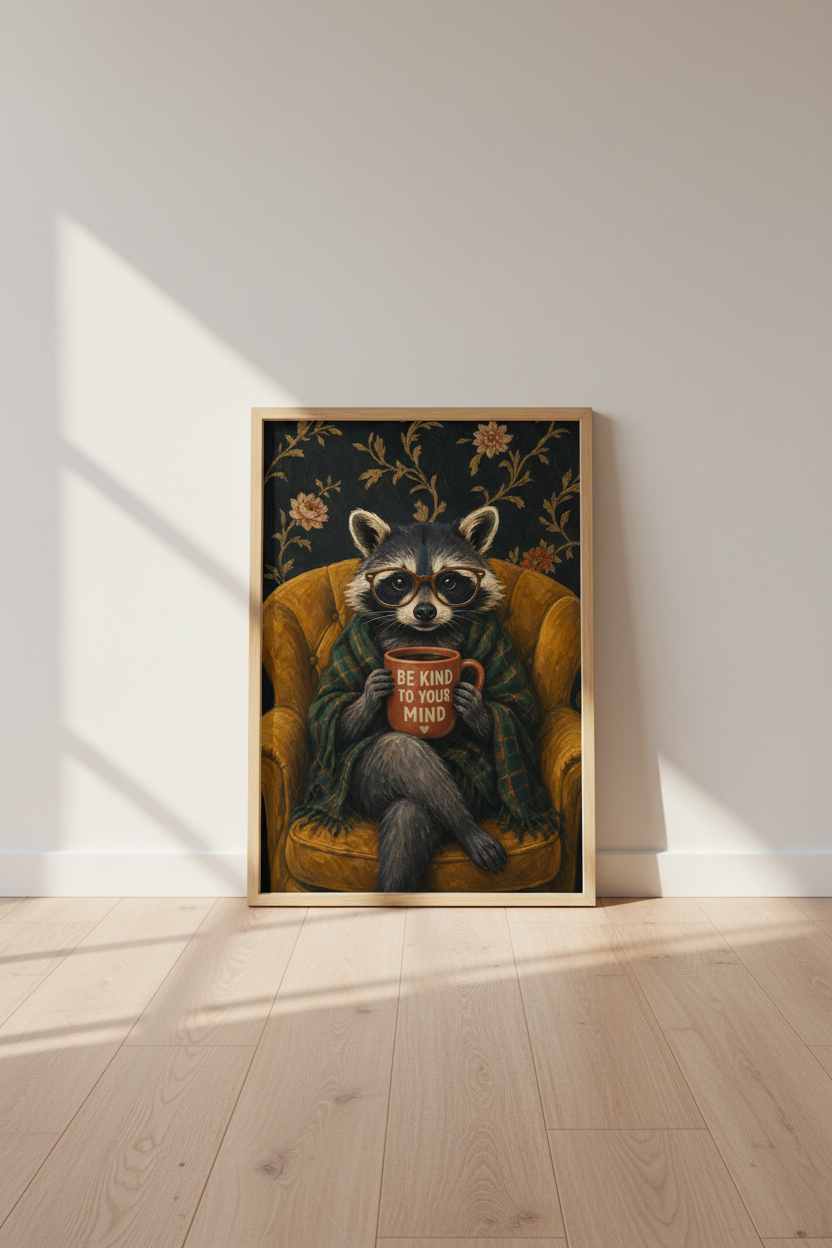Moody Raccoon Wall Art Print | Dark Academia Decor, Mental Health Poster