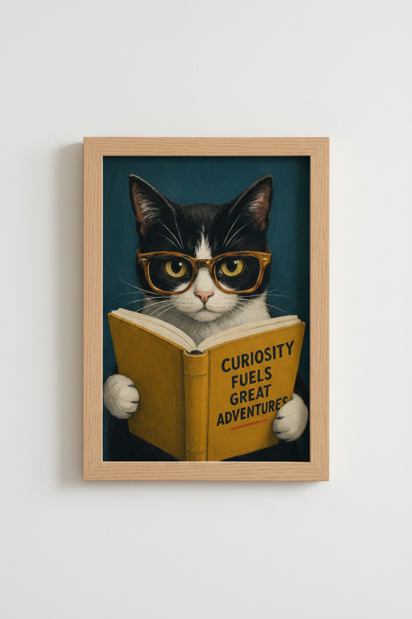 Tuxedo Cat Wall Art Print | Funny Academic Cat Poster, Library Decor