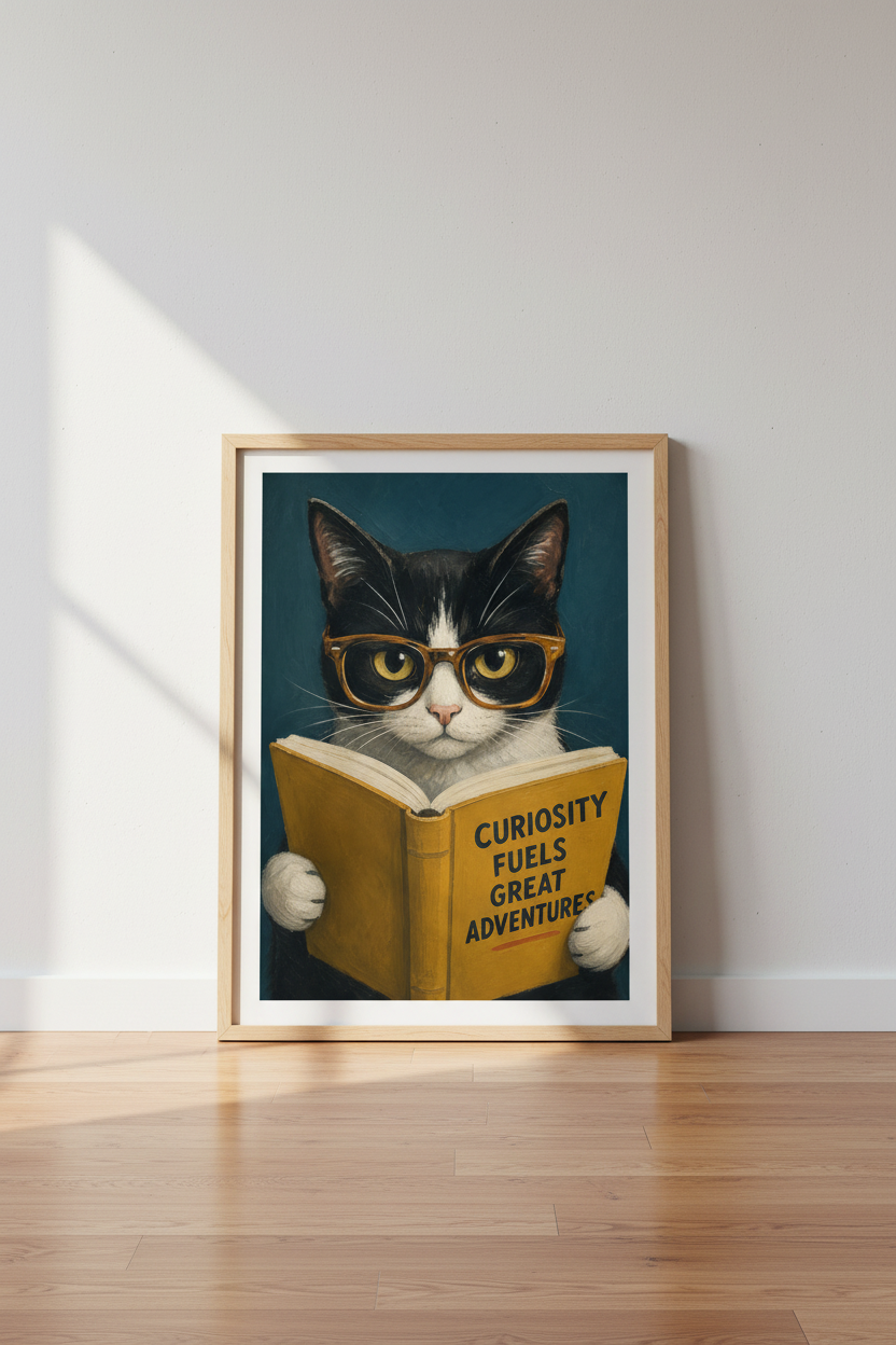 Tuxedo Cat Wall Art Print | Funny Academic Cat Poster, Library Decor