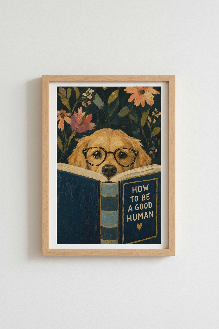 Golden Retriever Wall Art Print | Library Decor | Whimsical Dog Reading Poster