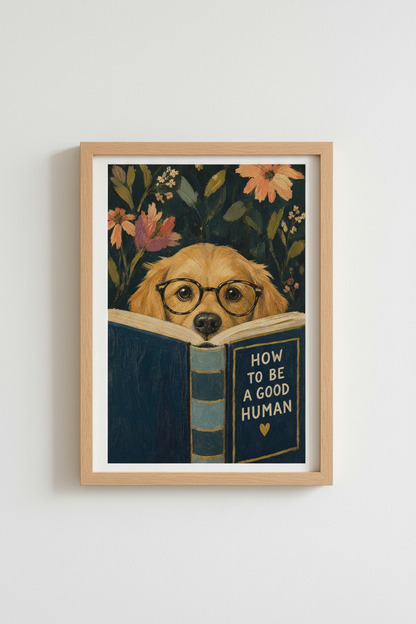 Golden Retriever Wall Art Print | Library Decor | Whimsical Dog Reading Poster
