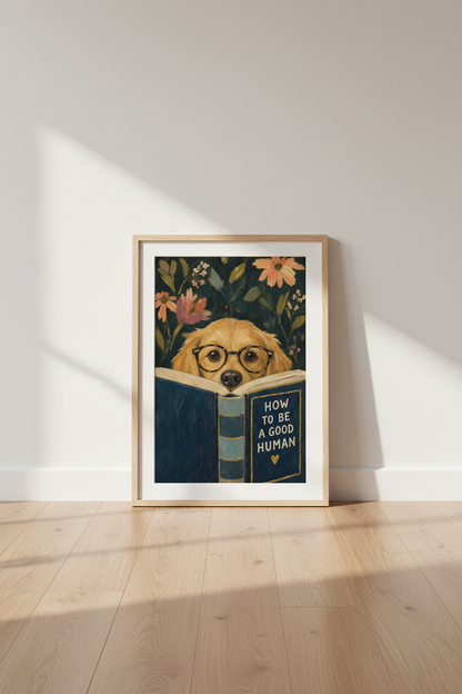 Golden Retriever Wall Art Print | Library Decor | Whimsical Dog Reading Poster