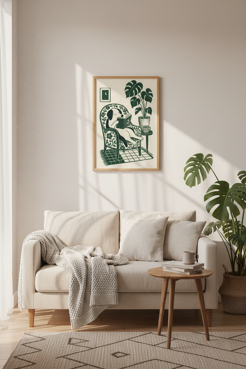 Reading Dog Wall Art | Forest Green Bookish Poster | Cozy Library Decor