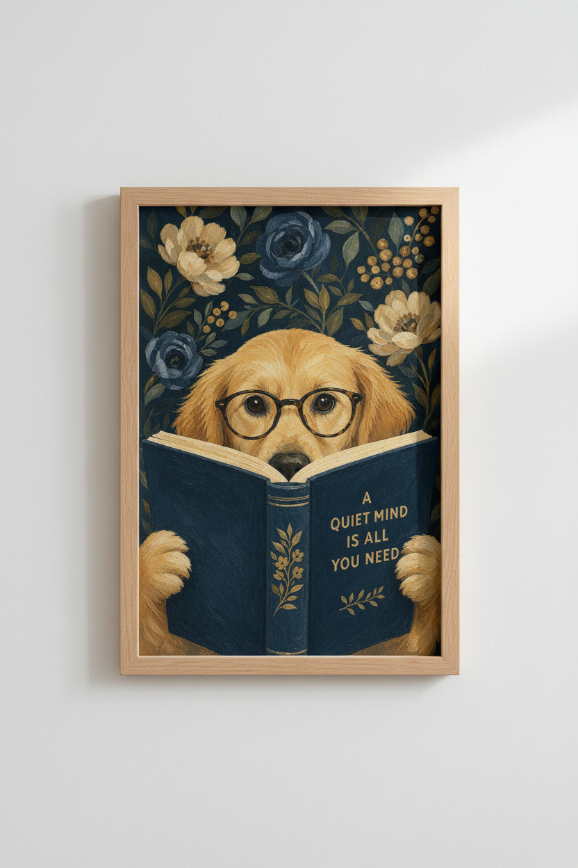 Dark Academic Dog Print | Golden Retriever Reading Poster, Moody Library Decor