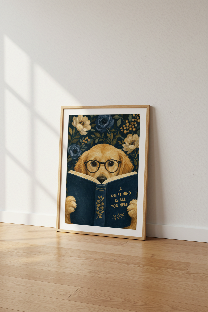 Dark Academic Dog Print | Golden Retriever Reading Poster, Moody Library Decor