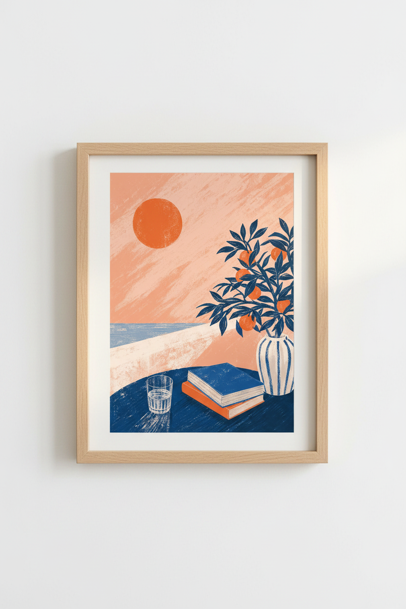 Mid Century Wall Art Print | Mediterranean Coastal Scene, Orange Tree Modern Poster
