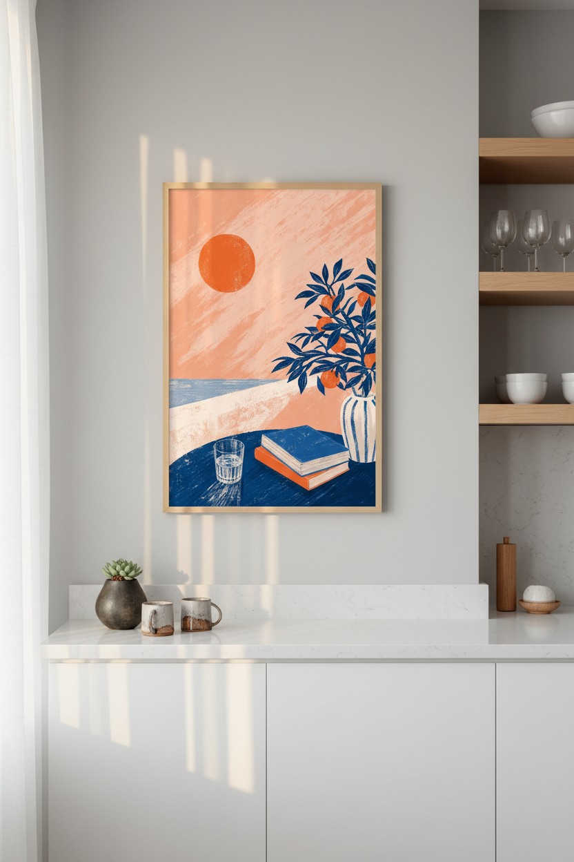 Mid Century Wall Art Print | Mediterranean Coastal Scene, Orange Tree Modern Poster