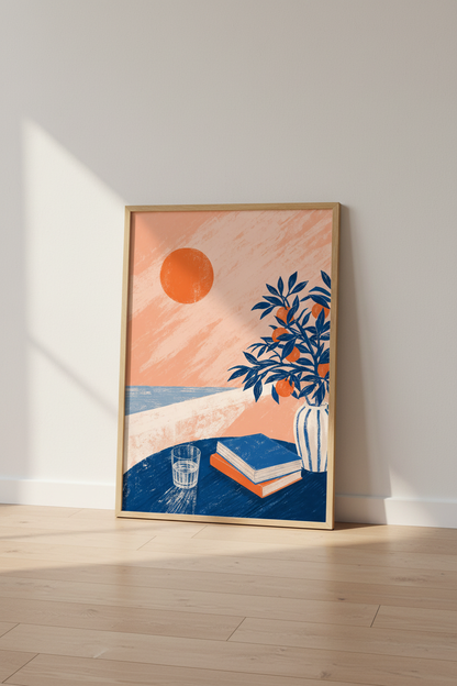 Mid Century Wall Art Print | Mediterranean Coastal Scene, Orange Tree Modern Poster