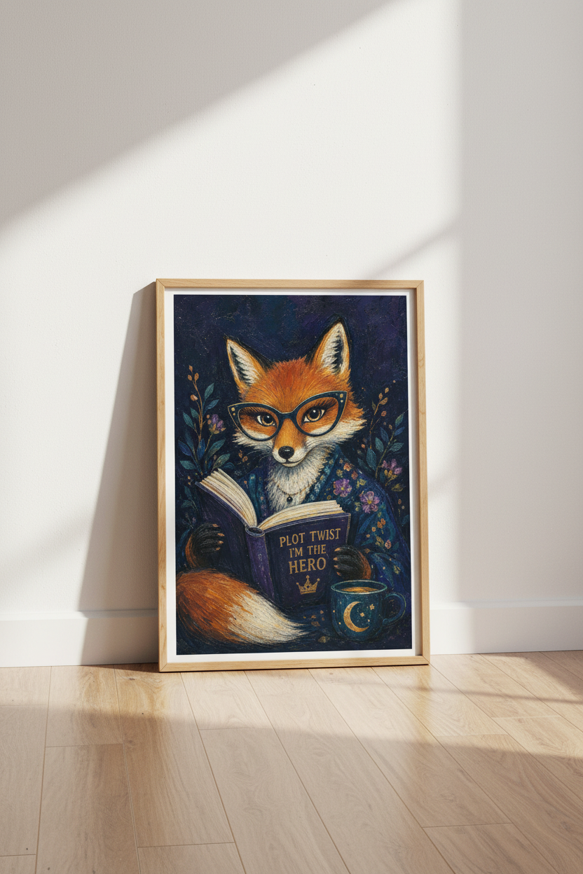 Dark Academia Fox Wall Art Print | Whimsical Library Decor | Moody Bookish Poster