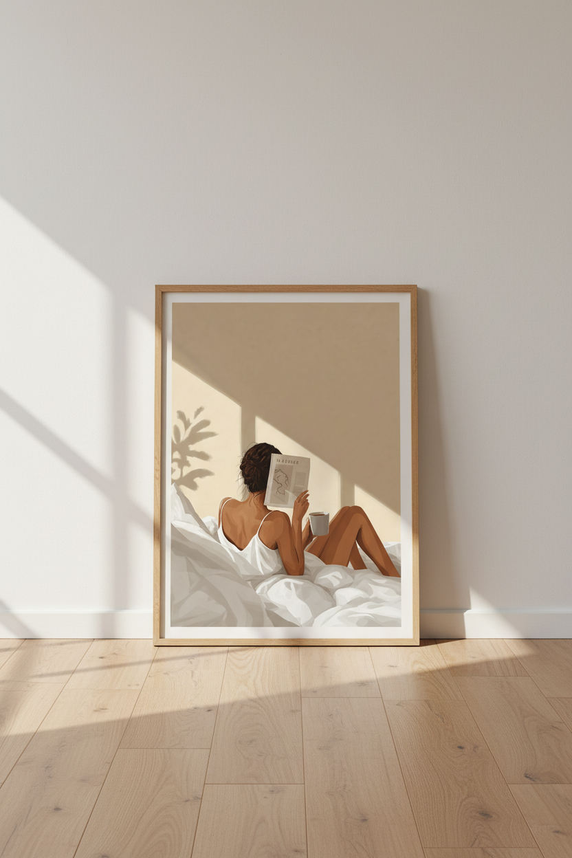Reading Woman Art | Beige Minimalist Morning Scene, Bedroom Poster Print