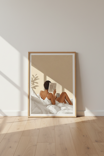 Reading Woman Art | Beige Minimalist Morning Scene, Bedroom Poster Print