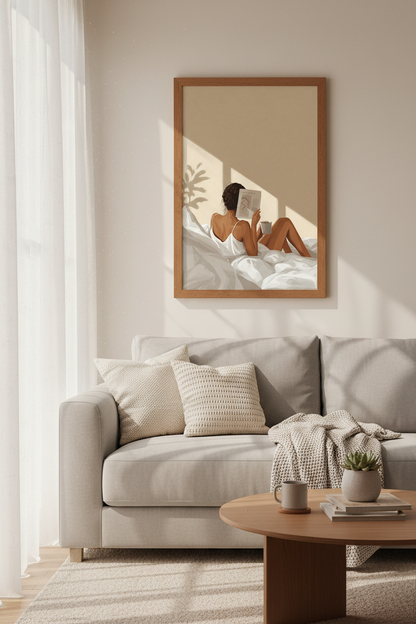 Reading Woman Art | Beige Minimalist Morning Scene, Bedroom Poster Print