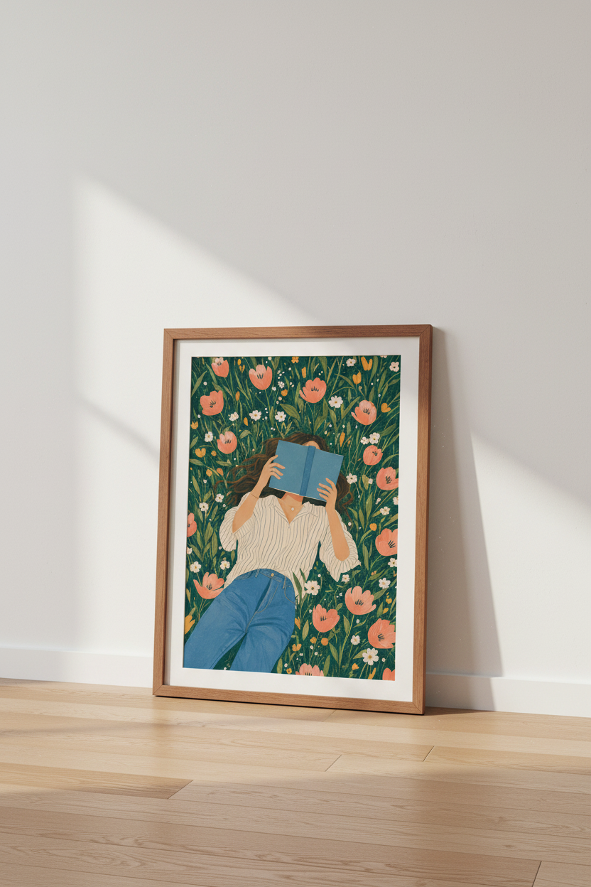 Girl Reading in Meadow Art | Botanical Book Lover Poster, Reading Nook Decor