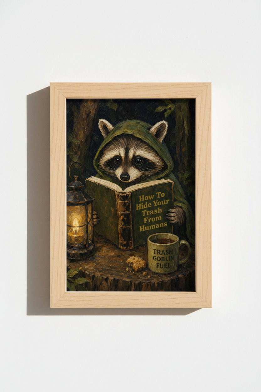 Whimsical Raccoon Wall Art Print | Dark Forest Trash Panda Decor | Oil Painting Poster
