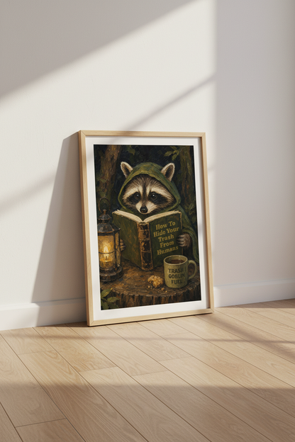 Whimsical Raccoon Wall Art Print | Dark Forest Trash Panda Decor | Oil Painting Poster