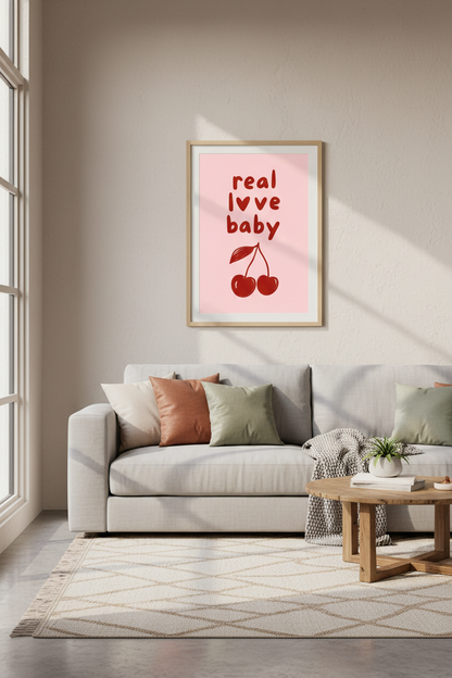 Real Love Baby Cherry Wall Art | Red and Pink Retro Decor | Coquette Aesthetic Poster