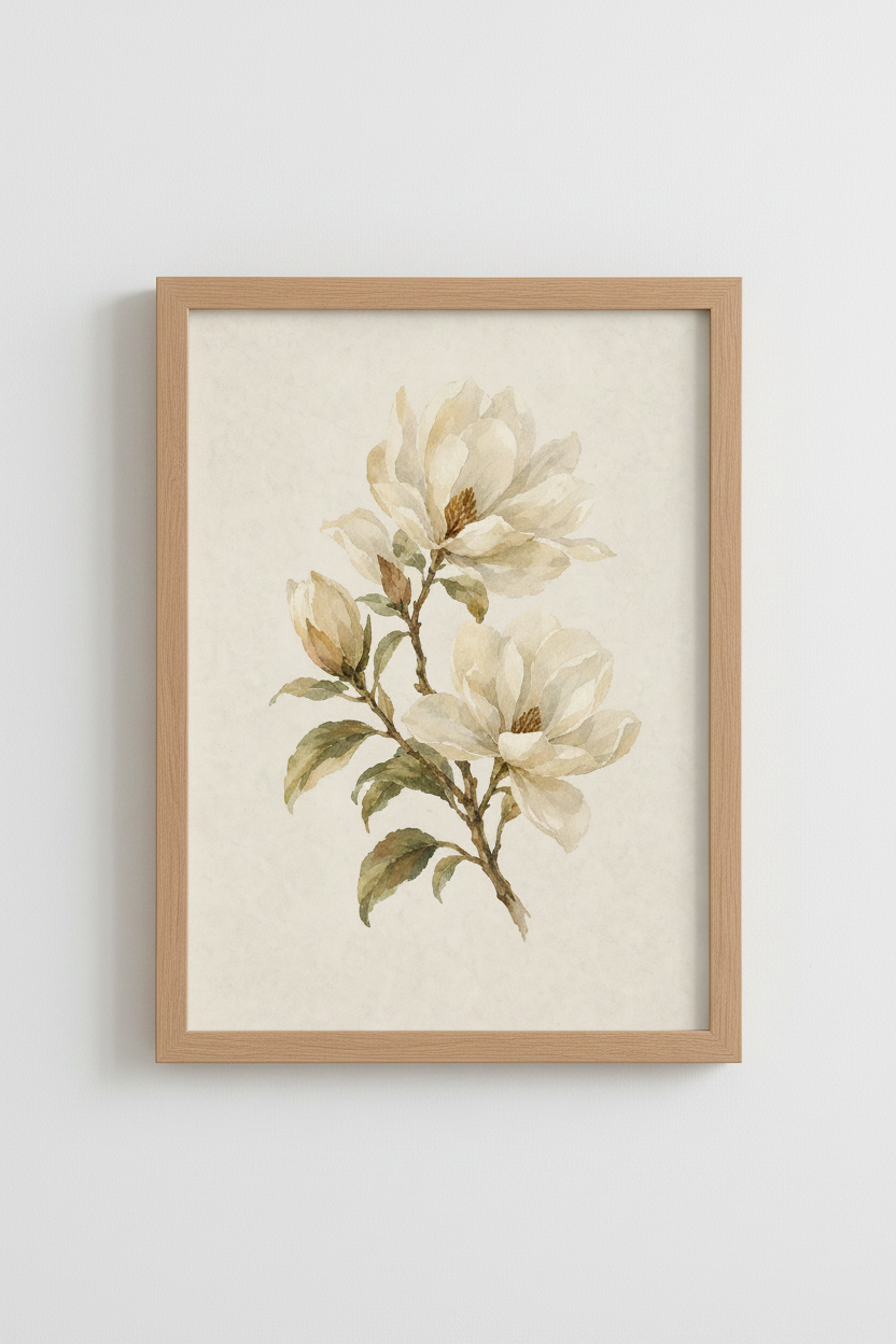 Magnolia Floral Watercolor Wall Art | Neutral Botanical Decor | Vintage Flower Poster