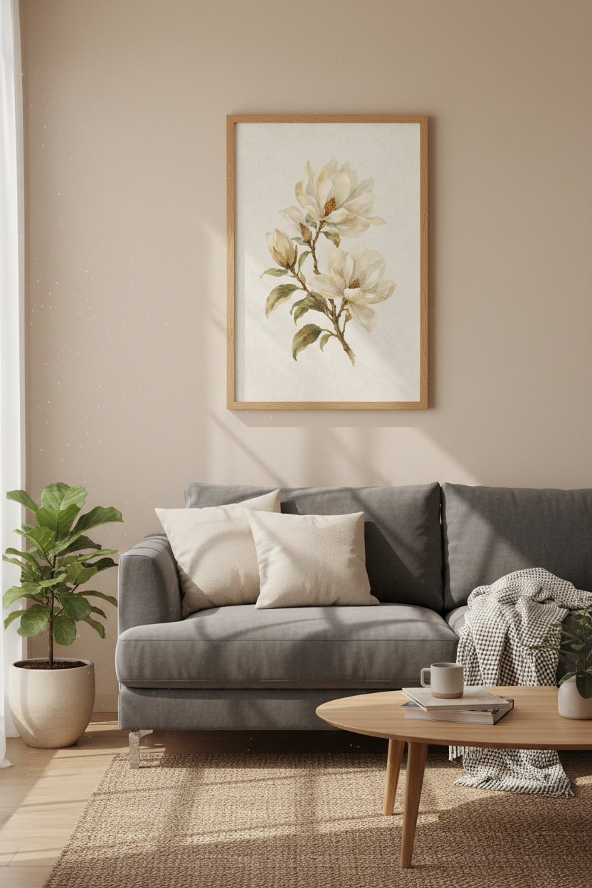 Magnolia Floral Watercolor Wall Art | Neutral Botanical Decor | Vintage Flower Poster