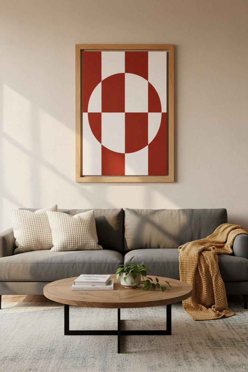 Geometric Abstract Circle | Red &amp; White Stripes, Bauhaus Modern Living Room Decor